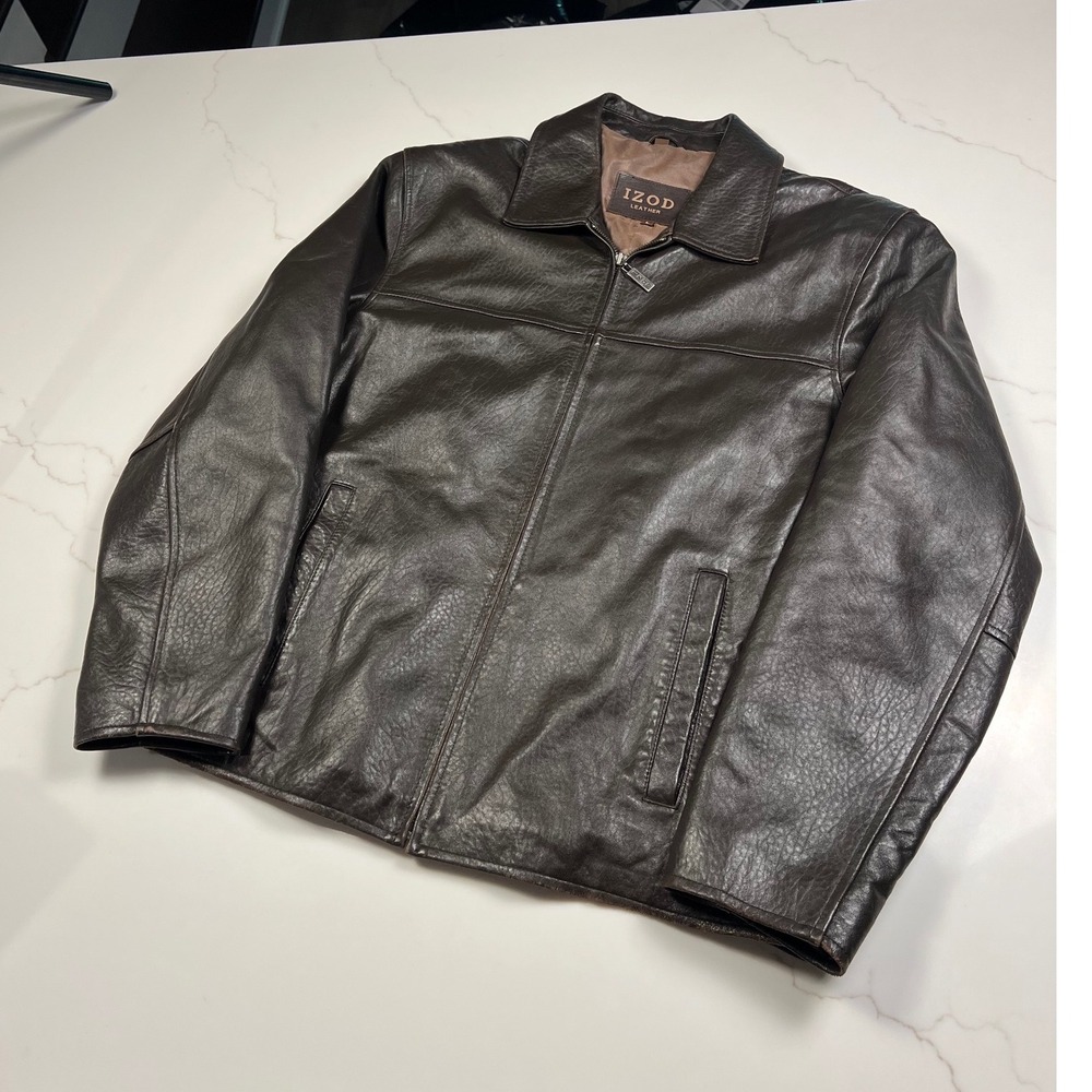 IZOD Leather Jacket Mens Large Dark Brown Full Zip Classic Bomber Coat